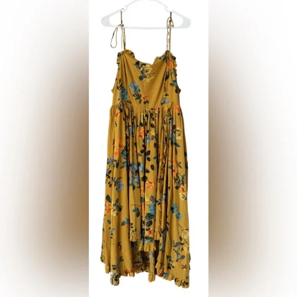 Anthropologie Maeve Maxi Dress High-Low Pleated Boho Yellow Floral Sz 14 - Picture 5 of 9